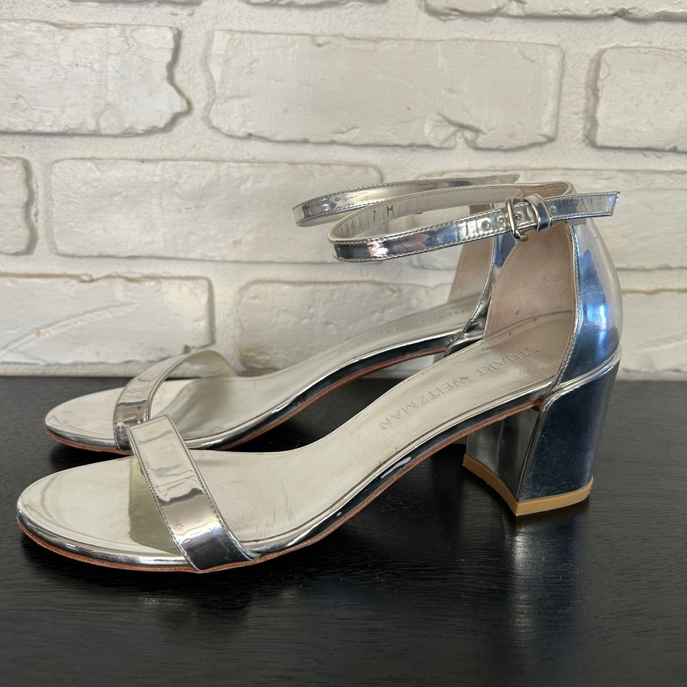 Stuart Weitzman Silver Metallic Block Heel Sandals Women's Size 7 - Picture 3 of 7